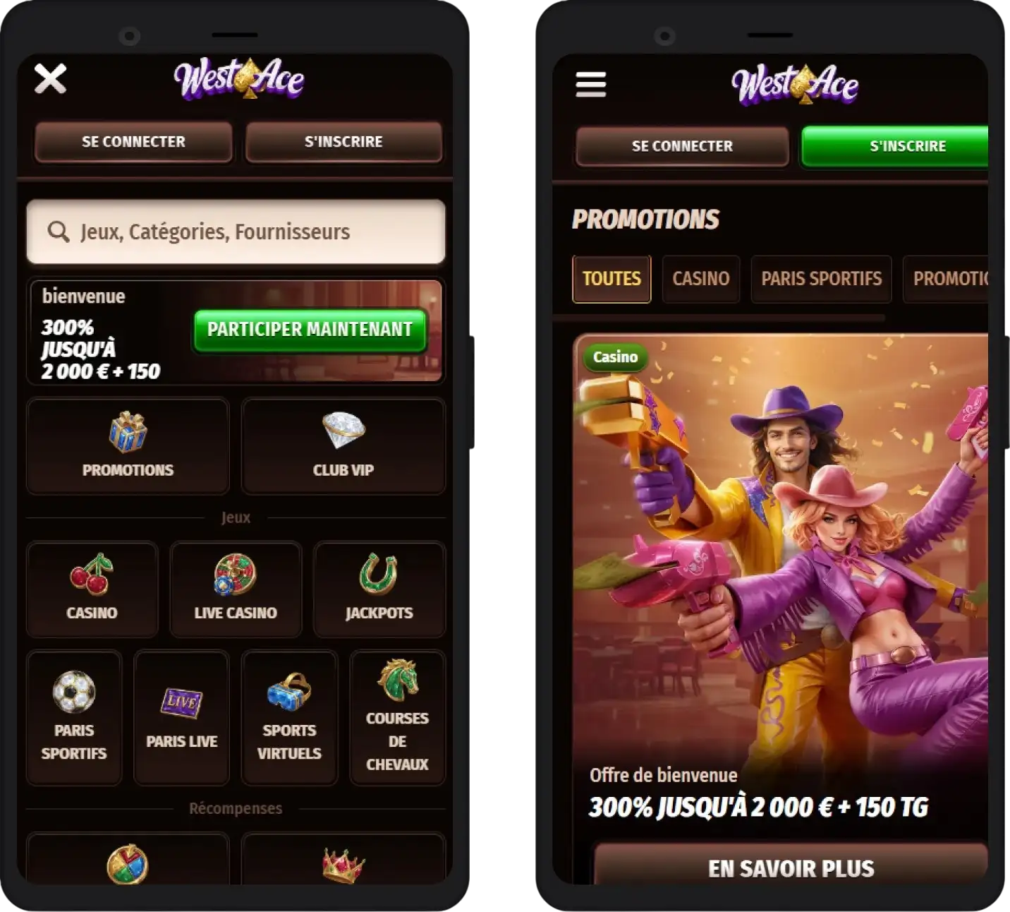 Interface mobile de WestAce Casino pour smartphones et tablettes